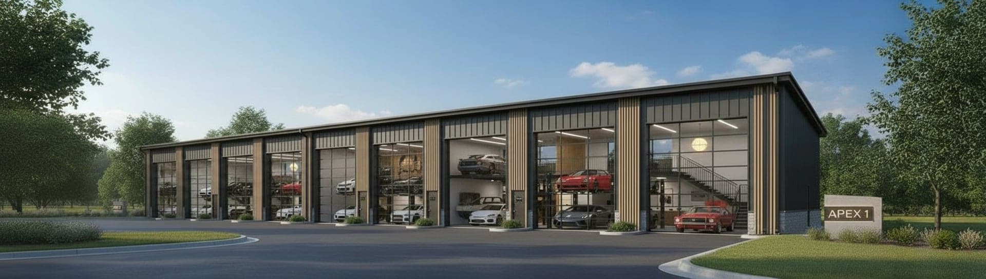 WORKS building exterior with collector cars visible — concept rendering