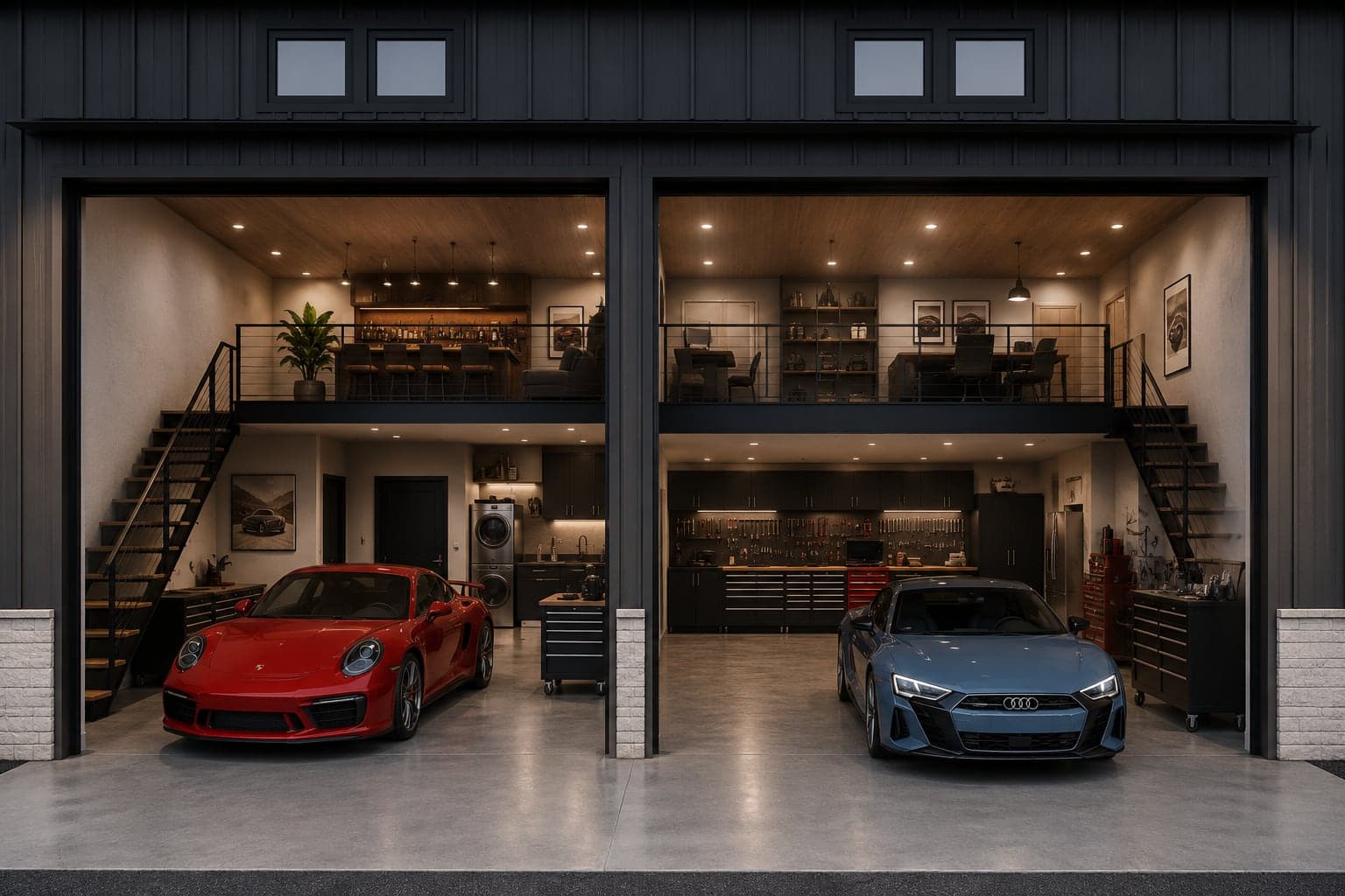 Two-bay hangar interior buildout, mezzanine lounge and tool wall — concept rendering